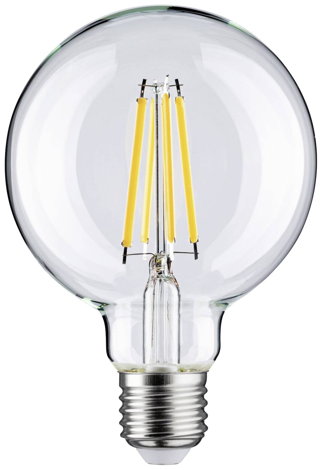 Eine durchsichtige LED-Glühbirne mit sichtbarem Glühfaden und silbernem Sockel vor weißem Hintergrund.