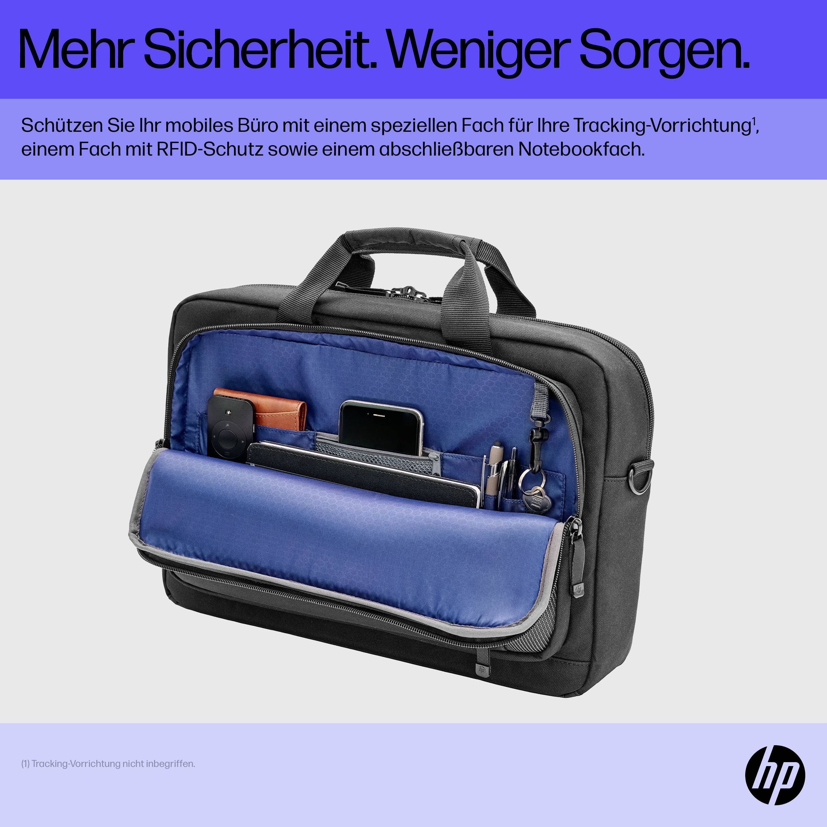 Eine schwarze Laptop-Tasche mit offenen Fächern, Taschenrechner und Kabeln. Aufschrift: 'Mehr Sicherheit. Weniger Sorgen.' von HP.