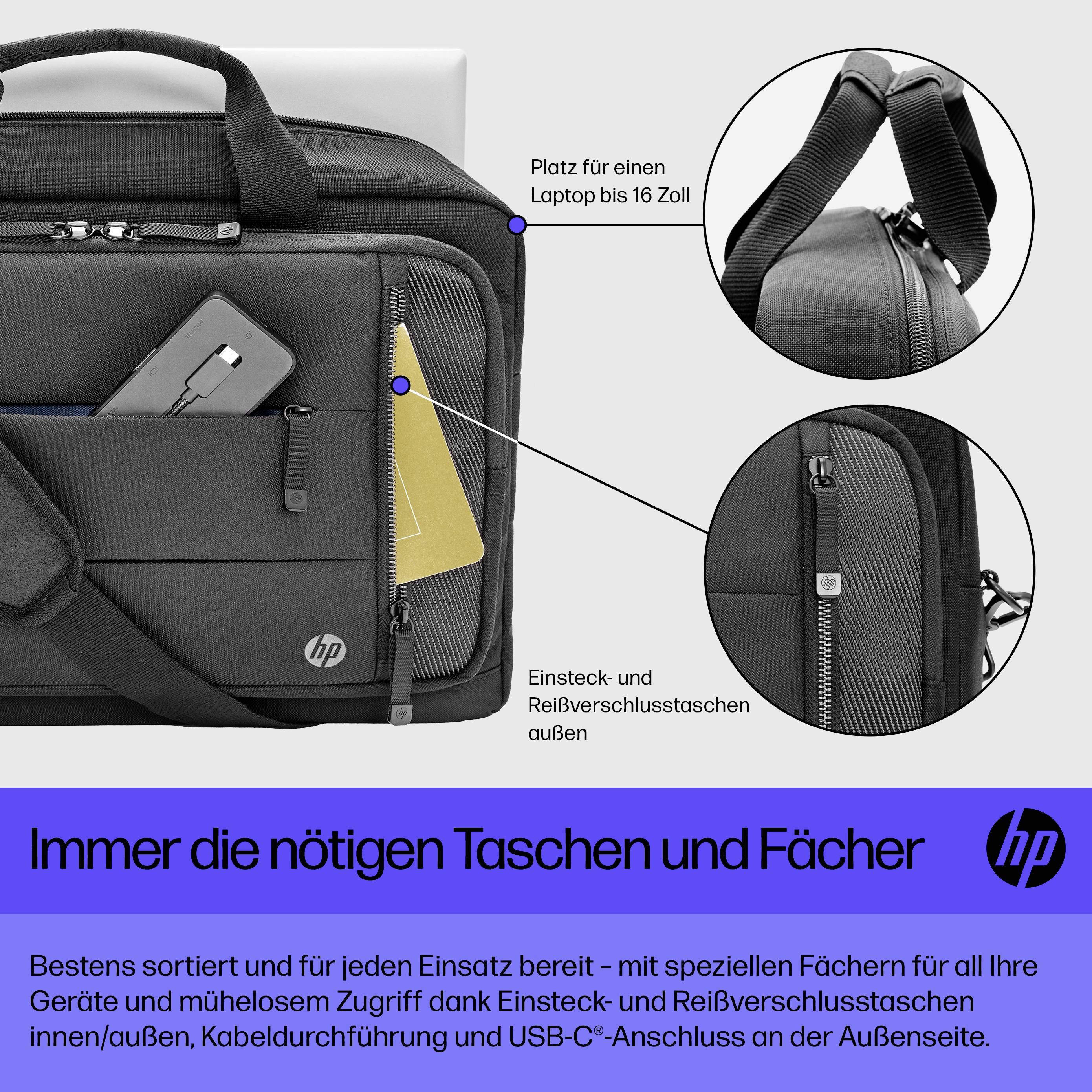 Schwarze Laptoptasche mit mehreren Fächern, passend für Laptops bis 16 Zoll. Text unten: 'Immer die nötigen Taschen und Fächer'.