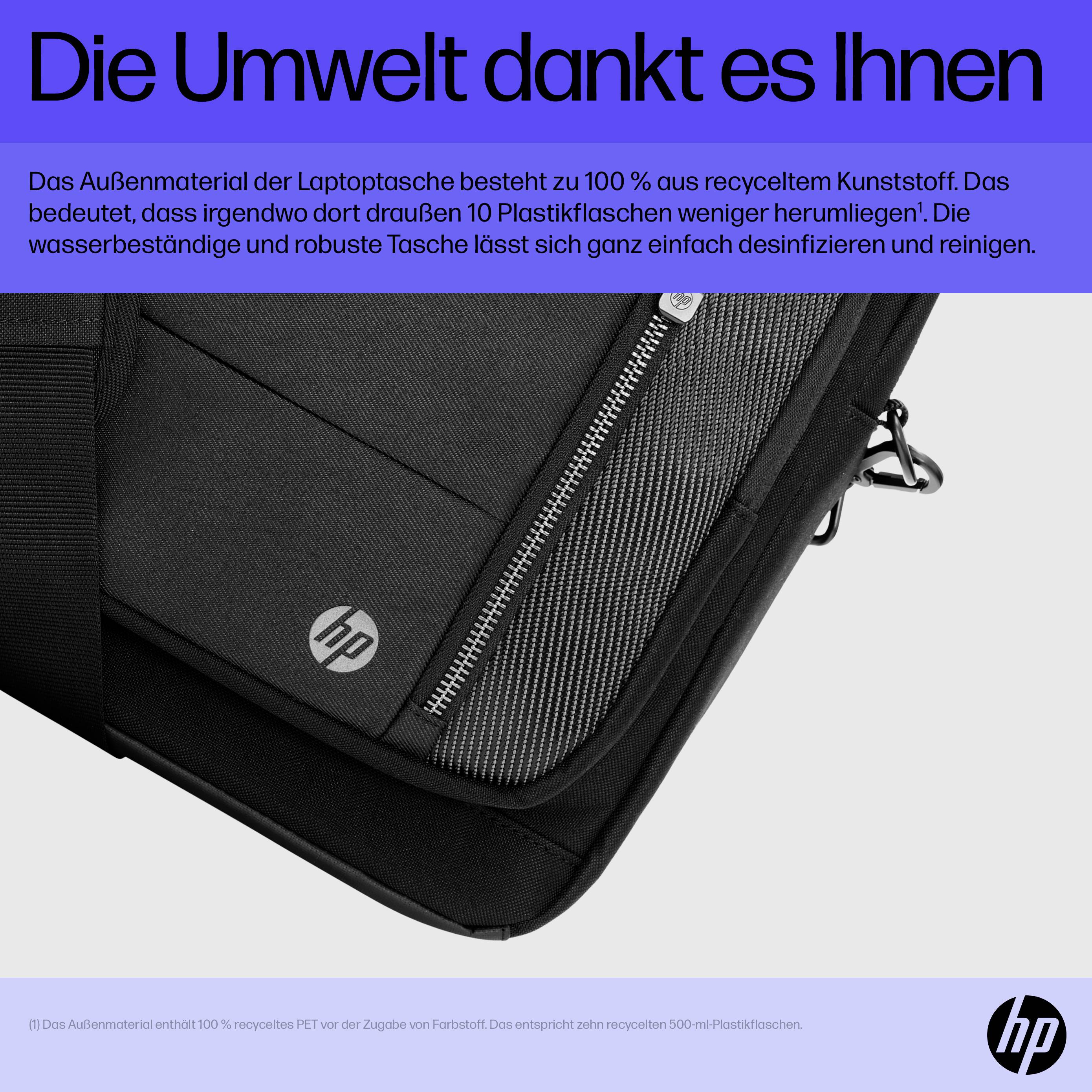 'Die Umwelt dankt es Ihnen' steht oben in weißem Text auf lila Hintergrund. Unterer Teil zeigt eine schwarze HP-Laptoptasche aus recyceltem Kunststoff.