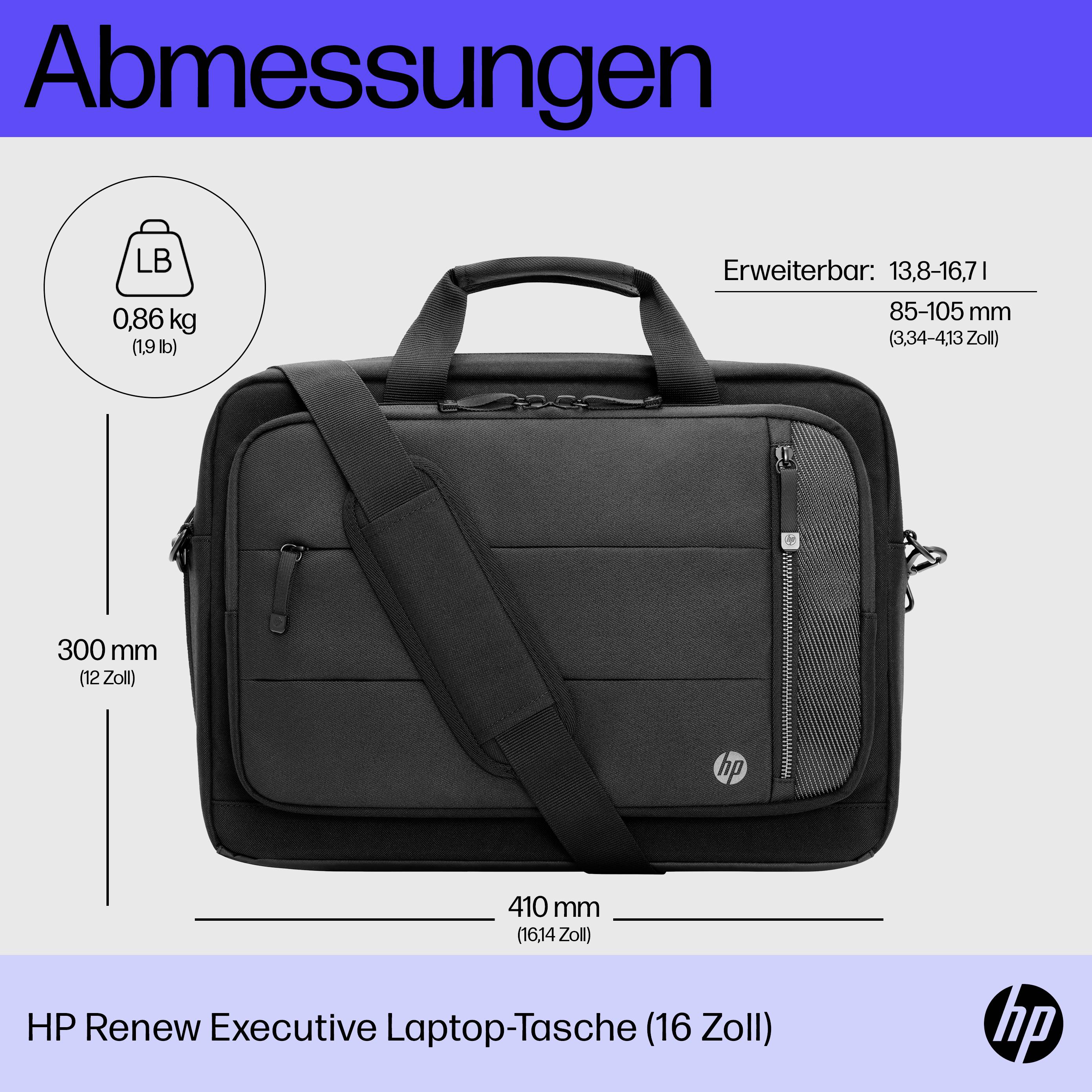 'HP Renew Executive Laptop-Tasche (16 Zoll)' in schwarz, mit Griff und Schulterriemen. Abmessungen: 300x410 mm, erweiterbar 85-105 mm. Gewicht: 0,86 kg.