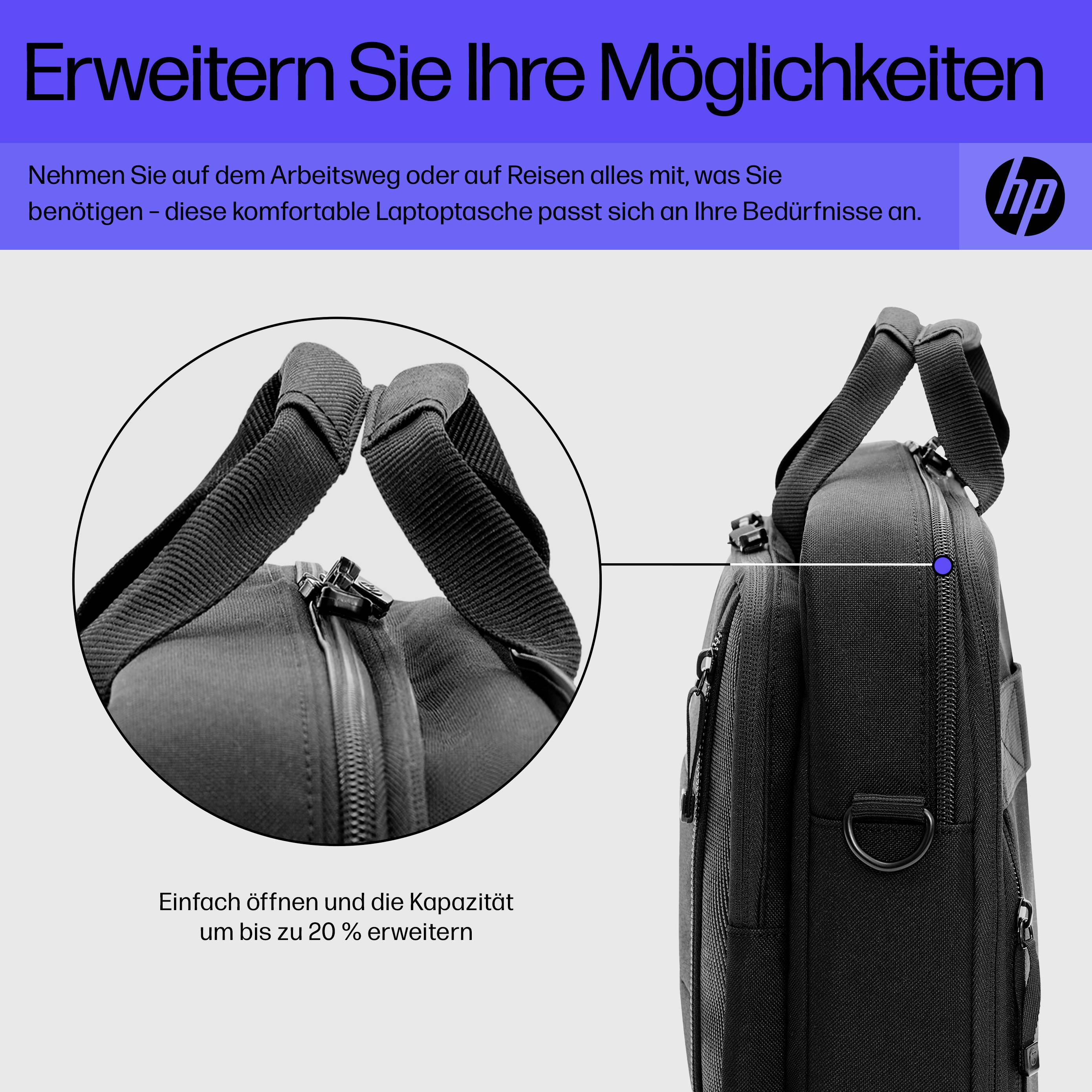 Kollage mit Text 'Erweitern Sie Ihre Möglichkeiten' und Nahaufnahme eines Laptop-Rucksacks mit erweiterbarem Fach und HP-Logo.