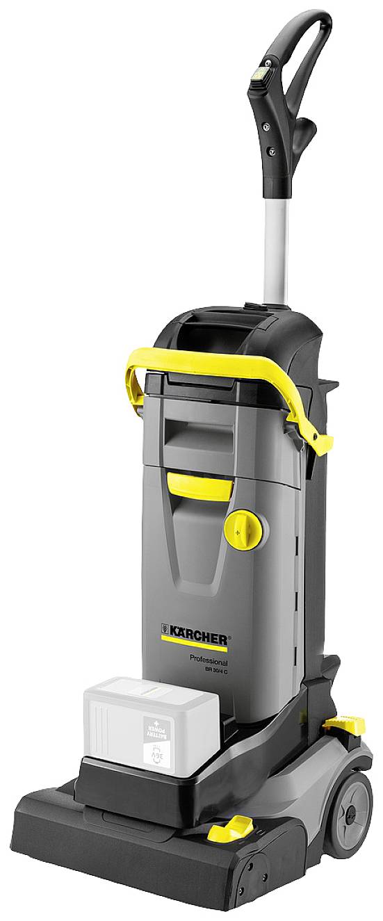 Kompakter Reinigungsautomat in Grau und Gelb mit handlichem Griff, geeignet für die Bodenreinigung in kleinen bis mittelgroßen Räumen.