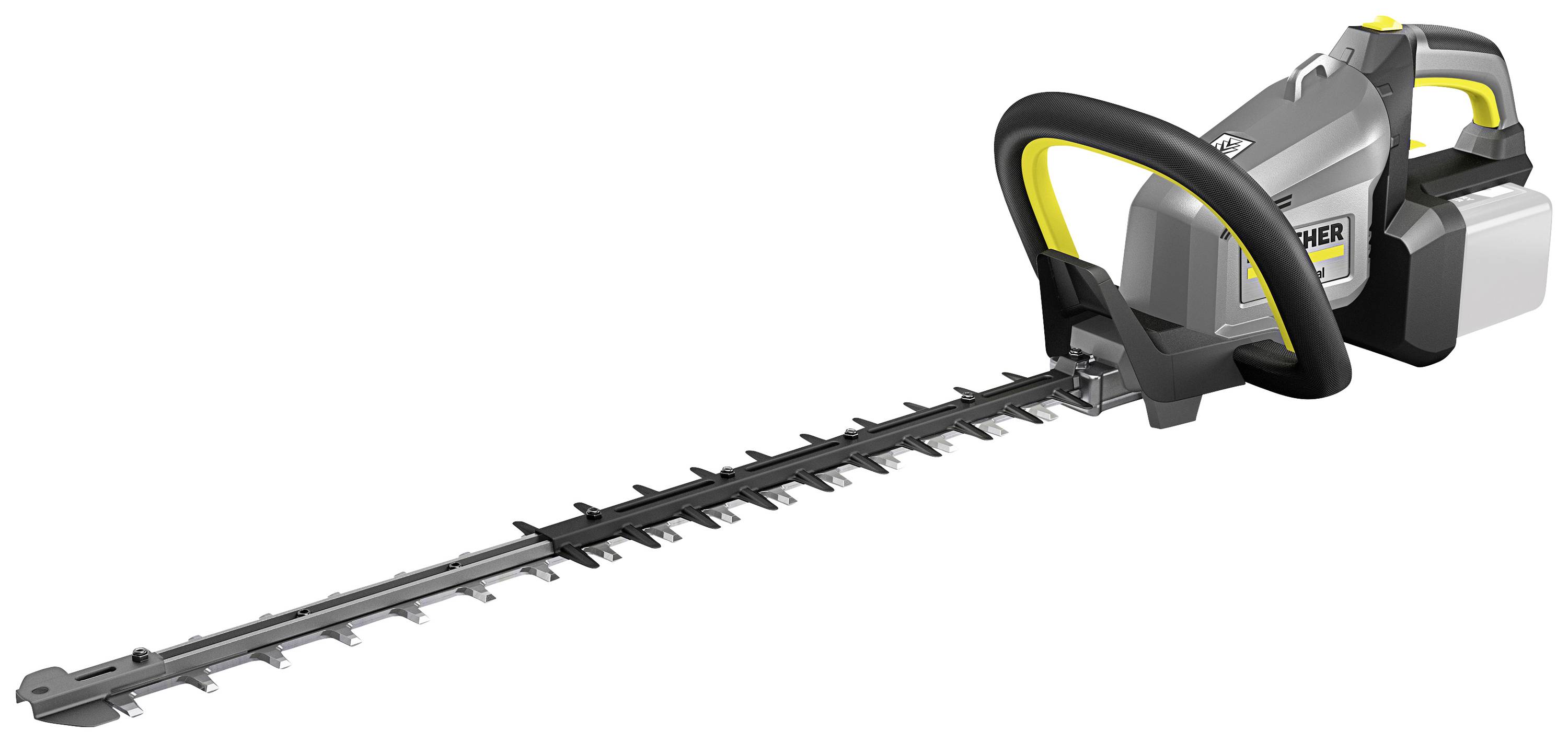 Akkubetriebene Heckenschere von Kärcher mit ergonomischem Griff und langem Schneidmesser, ideal für die Gartenpflege.