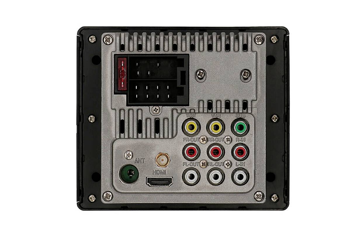 Rückansicht eines elektronischen Geräts mit mehreren Anschlussbuchsen, darunter HDMI, Antenne, Cinch-Anschlüsse und eine Sicherung.