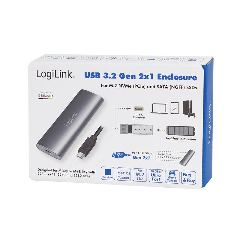 LogiLink UA0389 M.2 SSD-Gehäuse USB-C® (USB 3.2 Gen 2) 10 GBit/s M.2 PCIe NVMe, M.2 SATA 2230, 2242, 2260, 2280 UA0389