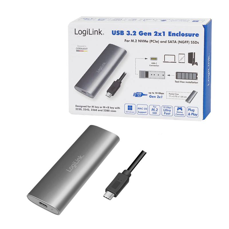 LogiLink UA0389 M.2 SSD-Gehäuse USB-C® (USB 3.2 Gen 2) 10 GBit/s M.2 PCIe NVMe, M.2 SATA 2230, 2242, 2260, 2280 UA0389