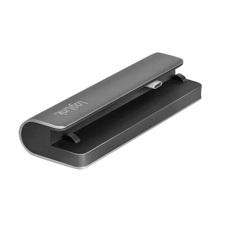 Elegantes graues Docking-Station für Mobilgeräte mit schmalem, geschwungenem Design und Logo auf der Seite. Ideal zum Aufladen und Halten.