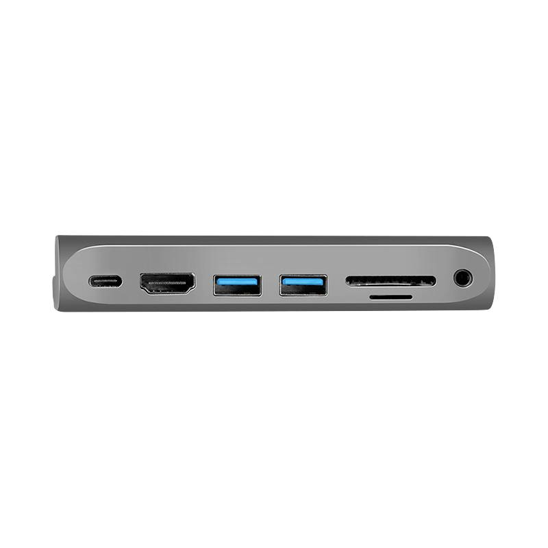 Eine Dockingstation mit Anschlüssen: USB-C, HDMI, zwei USB-A, SD-Kartenleser, MicroSD-Kartenleser und 3,5-mm-Audiobuchse.