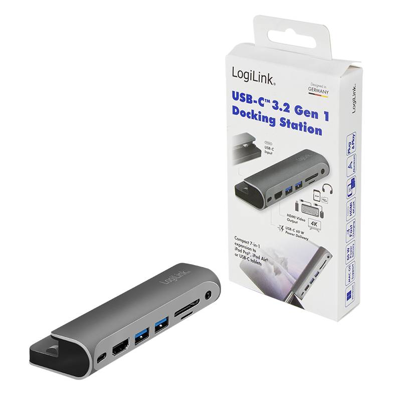 Die Abbildung zeigt eine LogiLink USB-C 3.2 Gen 1 Docking Station und deren Verpackung. Das Gerät bietet HDMI, USB-A, USB-C und Kartenleser-Anschlüsse.