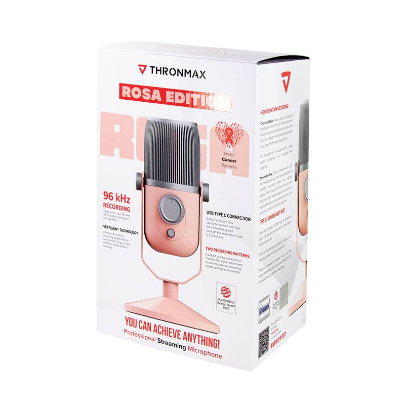 Verpackung eines rosa Mikrofons der Marke Thronmax, 'Rosa Edition'. 96 kHz Aufnahme, USB-Typ-C-Anschluss. Unterstützt Krebsforschung.