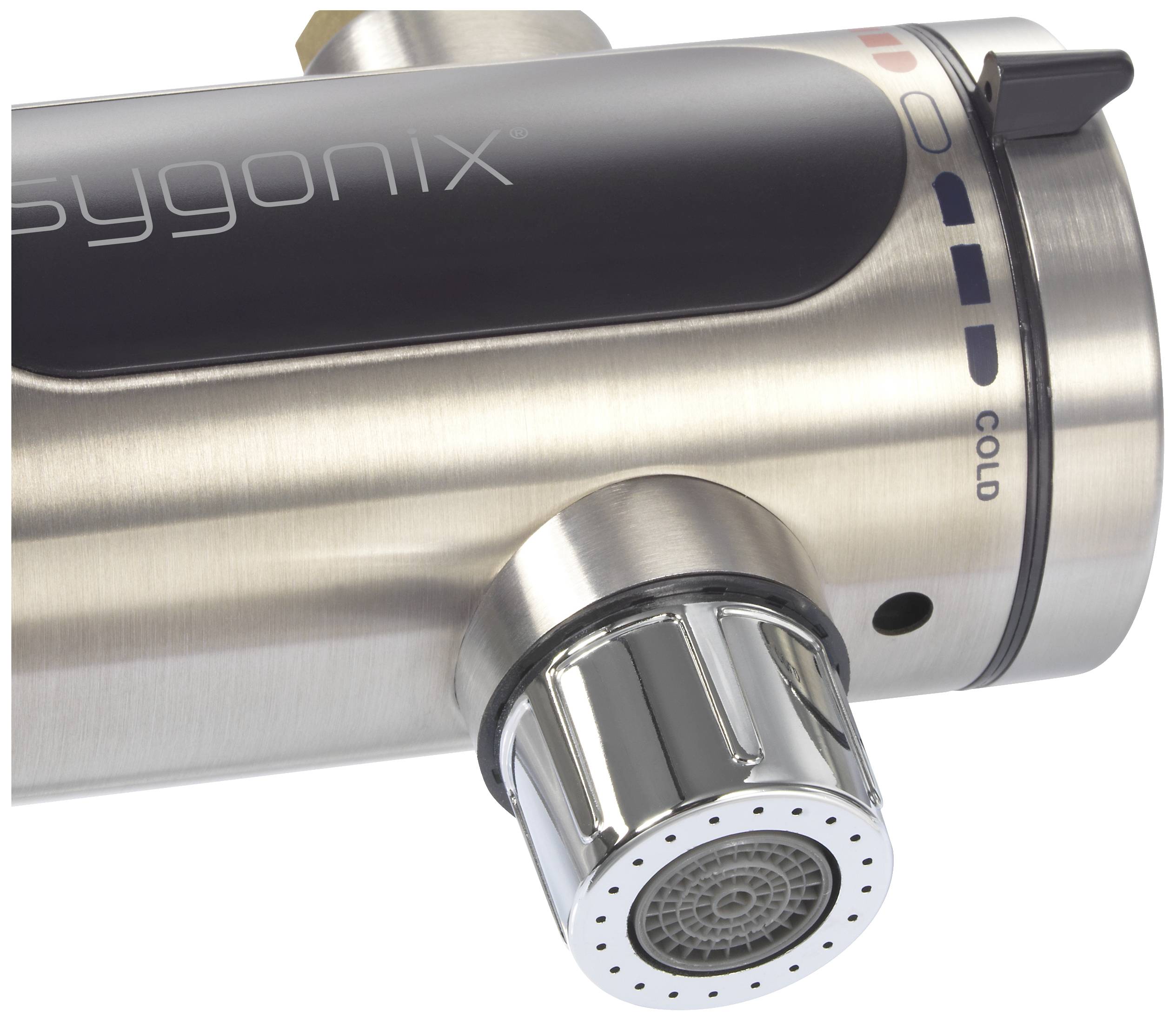 Ein stählerner Wasserhahn mit Temperaturanzeige. Oben steht 'sygonix'. Rechts sind Markierungen für warm und kalt.