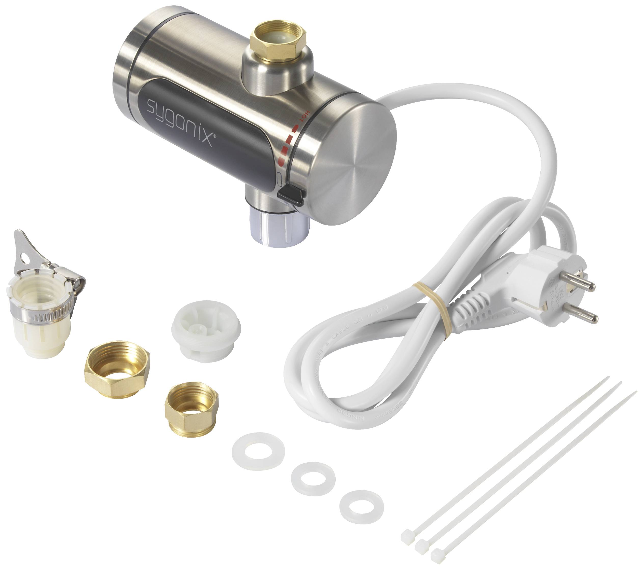 Elektrischer Durchlauferhitzer mit Kabel und Stecker, zwei goldenen Anschlüssen, Befestigungsmaterial und weißen Dichtungsringen.