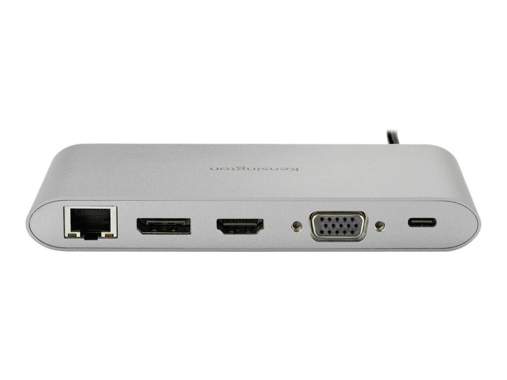 Silbernes Adaptergerät mit Anschlüssen: LAN, 2x HDMI, VGA und USB-C. Geeignet für Laptop- oder PC-Verbindungen.
