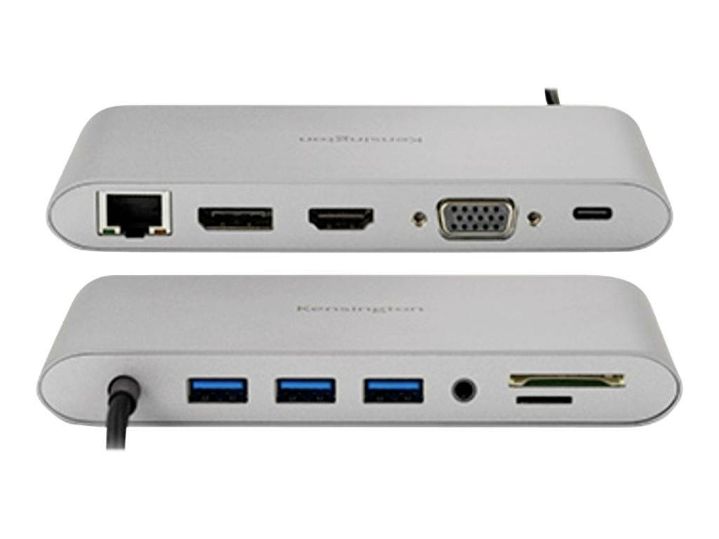 Zwei silberne Dockingstationen mit verschiedenen Anschlüssen: Ethernet, HDMI, VGA, USB-C, 3x USB-A und SD-Kartenleser.