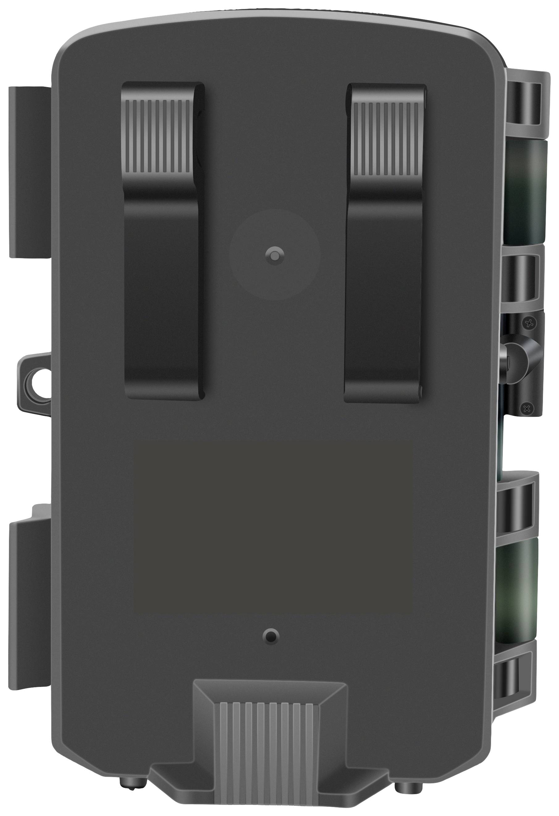 Eine schwarze Outdoor-Kamera mit Infrarotsensoren und Befestigungsclips auf der Rückseite. Ideal zur Überwachung von Wildtieren.