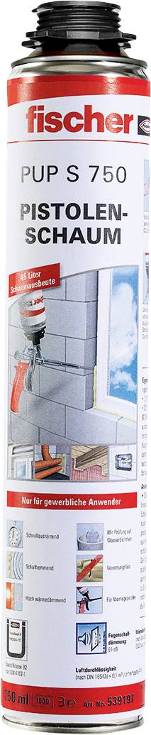 'Fischer PUP S 750' Bauschaumflasche. Zeigt Anwendungsbeispiel am Fensterrahmen. Für professionelle Anwendungen. Enthält 750 ml.