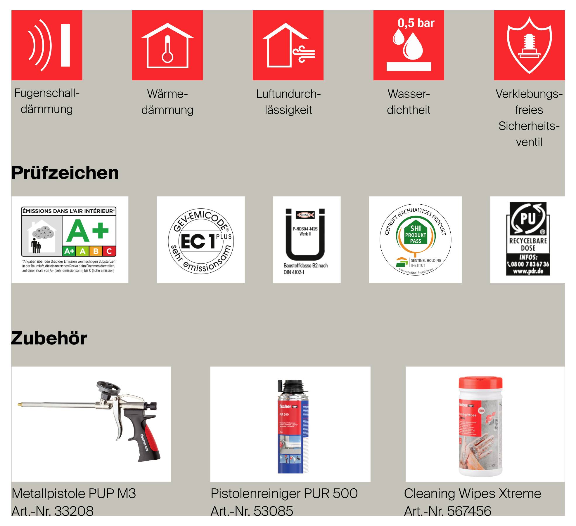 Übersicht zu Produktmerkmalen und Zubehör: Fugenschalldämmung, Wärmedämmung, Luftundurchlässigkeit, Wasserdichtheit, Sicherheitsventil sowie Prüfzeichen und Reinigungszubehör.