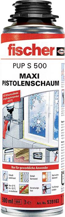 Schaumdose der Marke Fischer, Produktname 'PUP S 500 Maxi Pistolenschaum', 500 ml. Anwendung: Fensterabdichtung, nur für gewerbliche Nutzer.