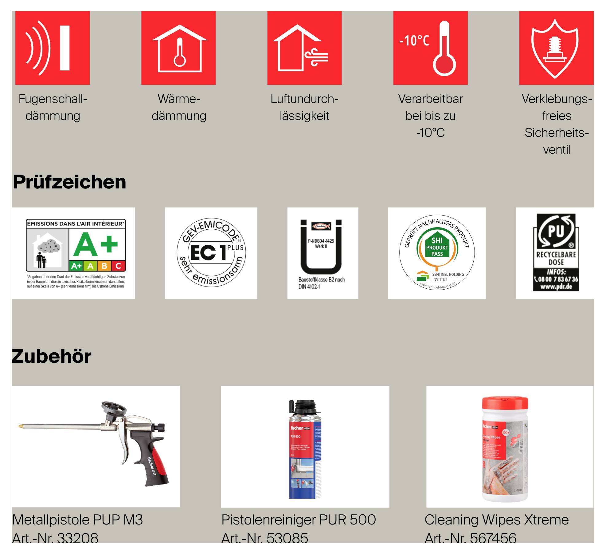 Übersichtsbild zu Produkteigenschaften und Zubehör: Fugenschalldämmung, Wärmedämmung, Luftdurchlässigkeit, Verarbeitung bis -10 °C, verklebungsfreies Sicherheitsventil; darunter Prüfsiegel und Zubehörartikel.