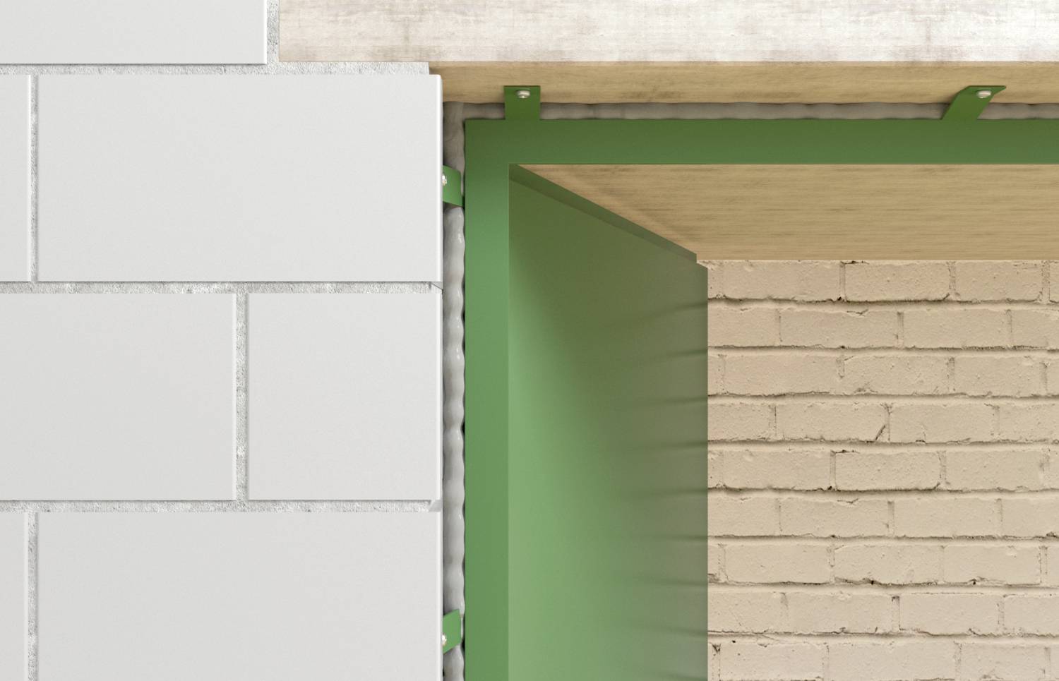 Mehrere gestapelte rote Ziegel, darunter eine grüne Wand mit drei runden Lüftungsschlitzen. Im Hintergrund blauer Himmel mit Wolken.