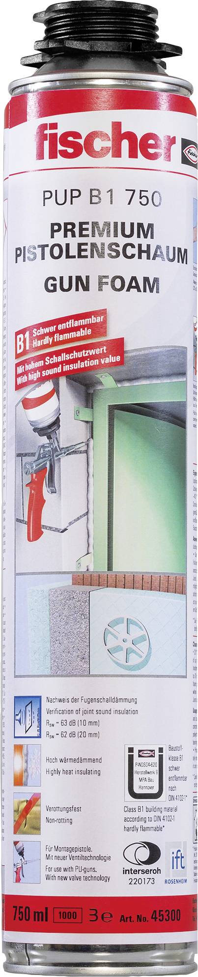 Produktbild einer Dose mit Pistolenschaum der Marke Fischer, Modell 'PUP BF 1750'. Verwendungszweck: Bau- und Isolationsschaum.