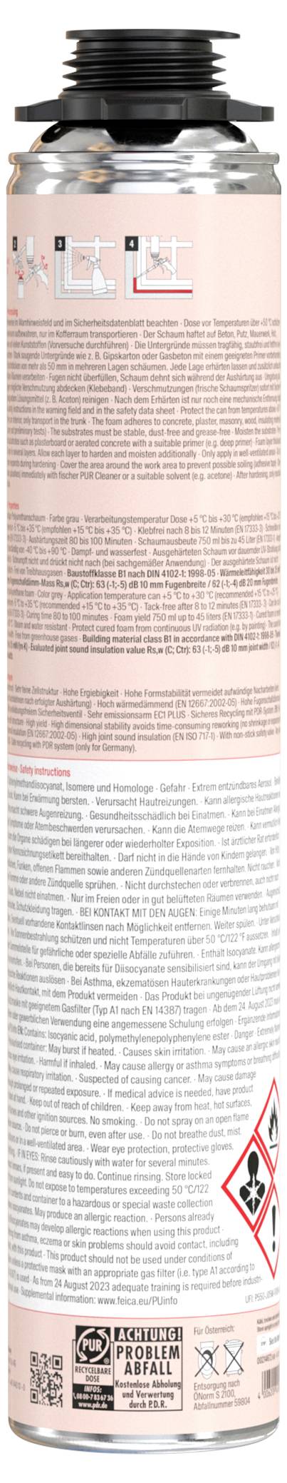 Fischer PUP HF 750 B1 Pistolenschaum Herstellerfarbe Beton-Grau 45300 750ml