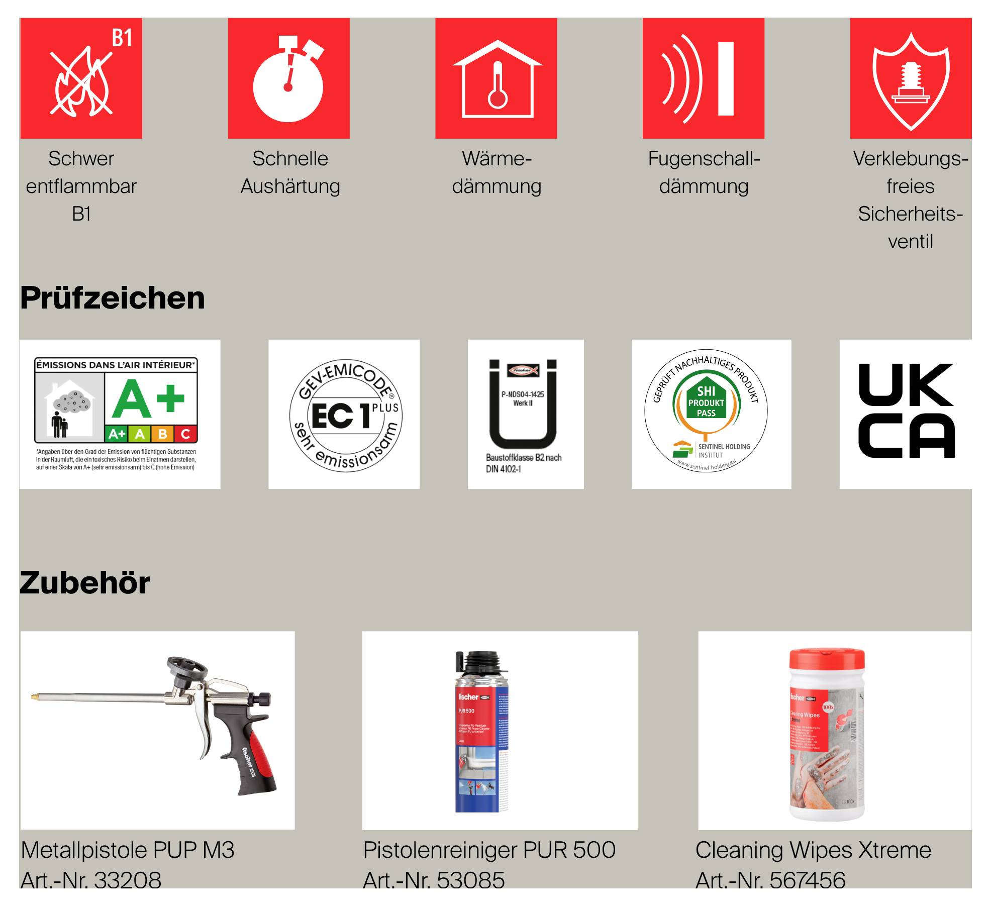 Produktübersicht mit Eigenschaften oben: schwer entflammbar B1, schnelle Aushärtung, Wärme- und Fugenschalldämmung, verklebungsfreies Sicherheitsventil; darunter Prüfsiegel und Zubehörartikel.