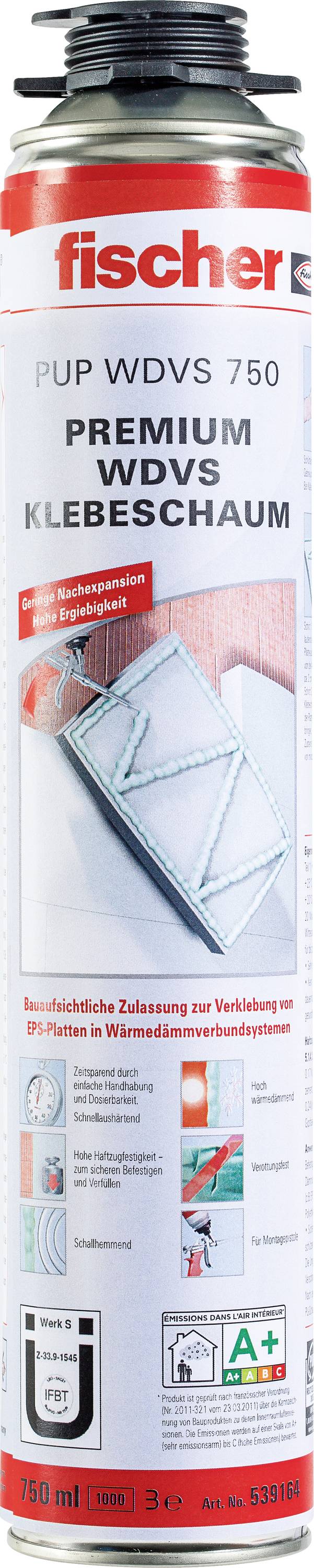 Sprühdose PUP WDVS 750. Premium WDV-Klebeschaum für Außendämmung. Illustration zeigt Anwendung auf Dämmplatten. 750 ml Inhalt.