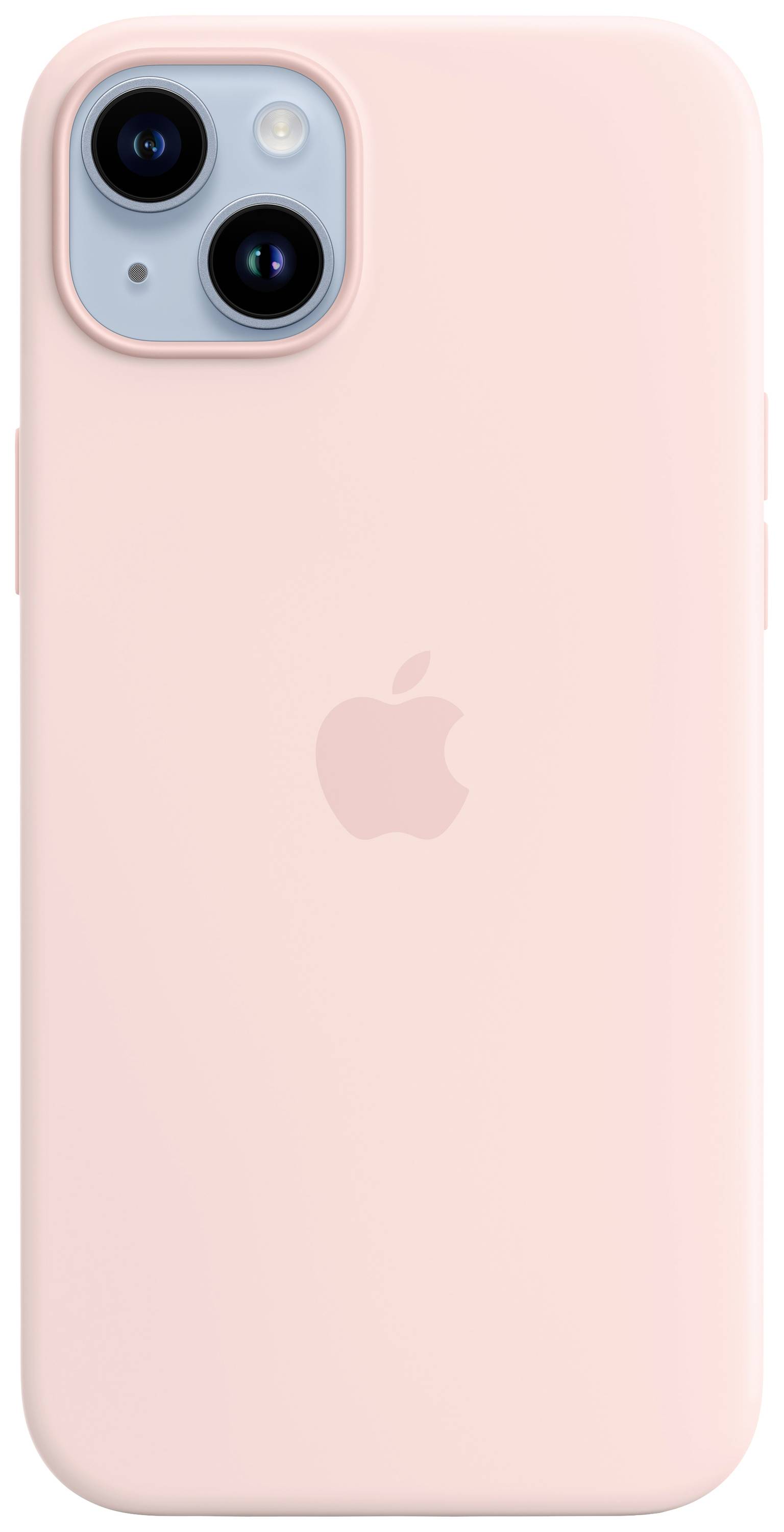 Ein rosa Smartphone mit zwei Kameralinsen und einem Apfellogo auf der Rückseite.