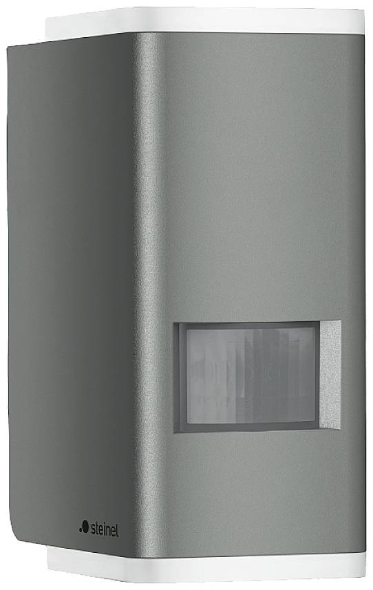 Wandmontierte Außenleuchte mit Bewegungsmelder, rechteckig, modernem Design in Grau, zur automatischen Beleuchtung bei Bewegungserkennung.