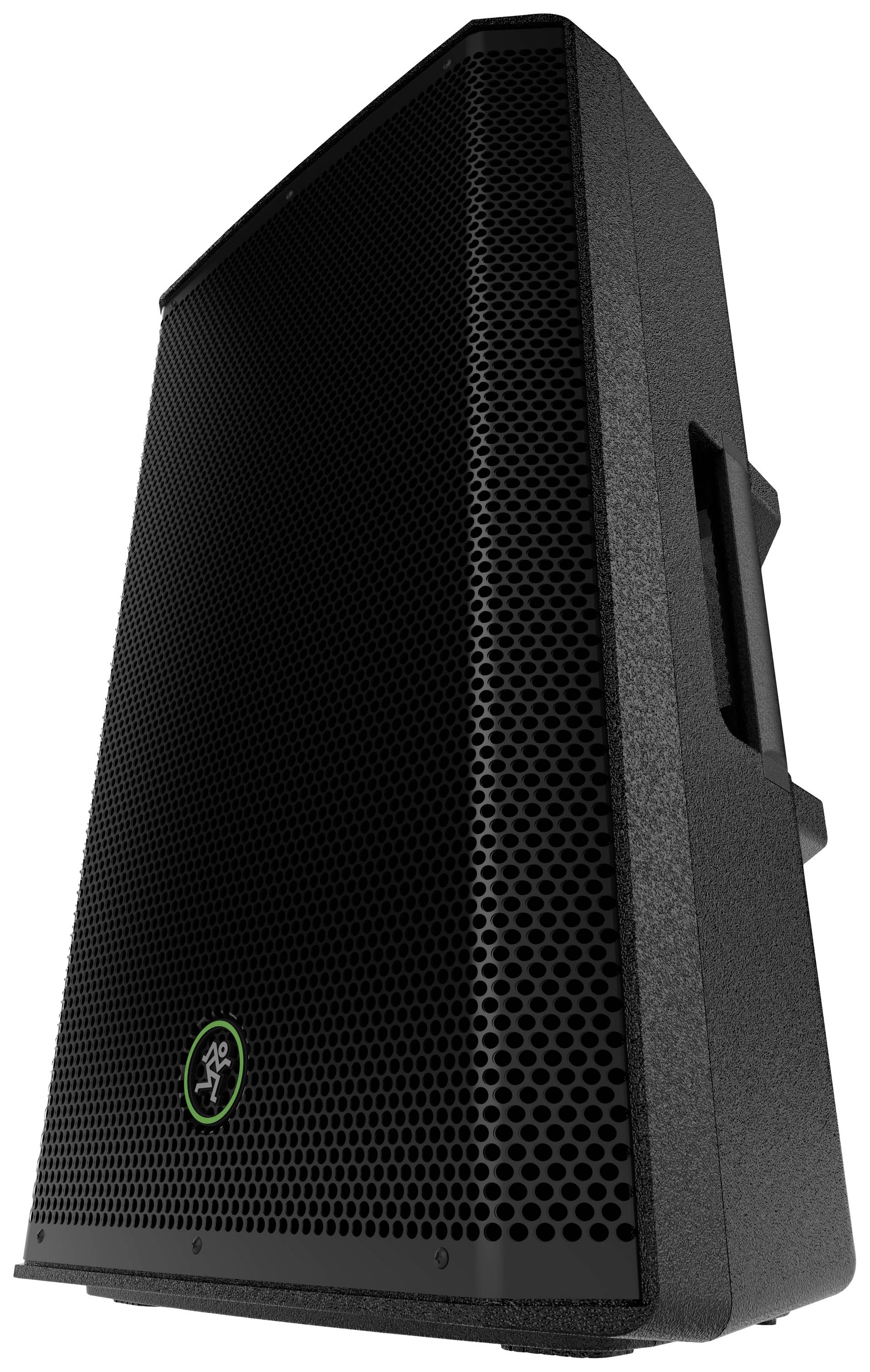Lautsprecher mit schwarzem Gitternetz und grünem Logo in der unteren linken Ecke, seitlich betrachtet mit Tragegriff.