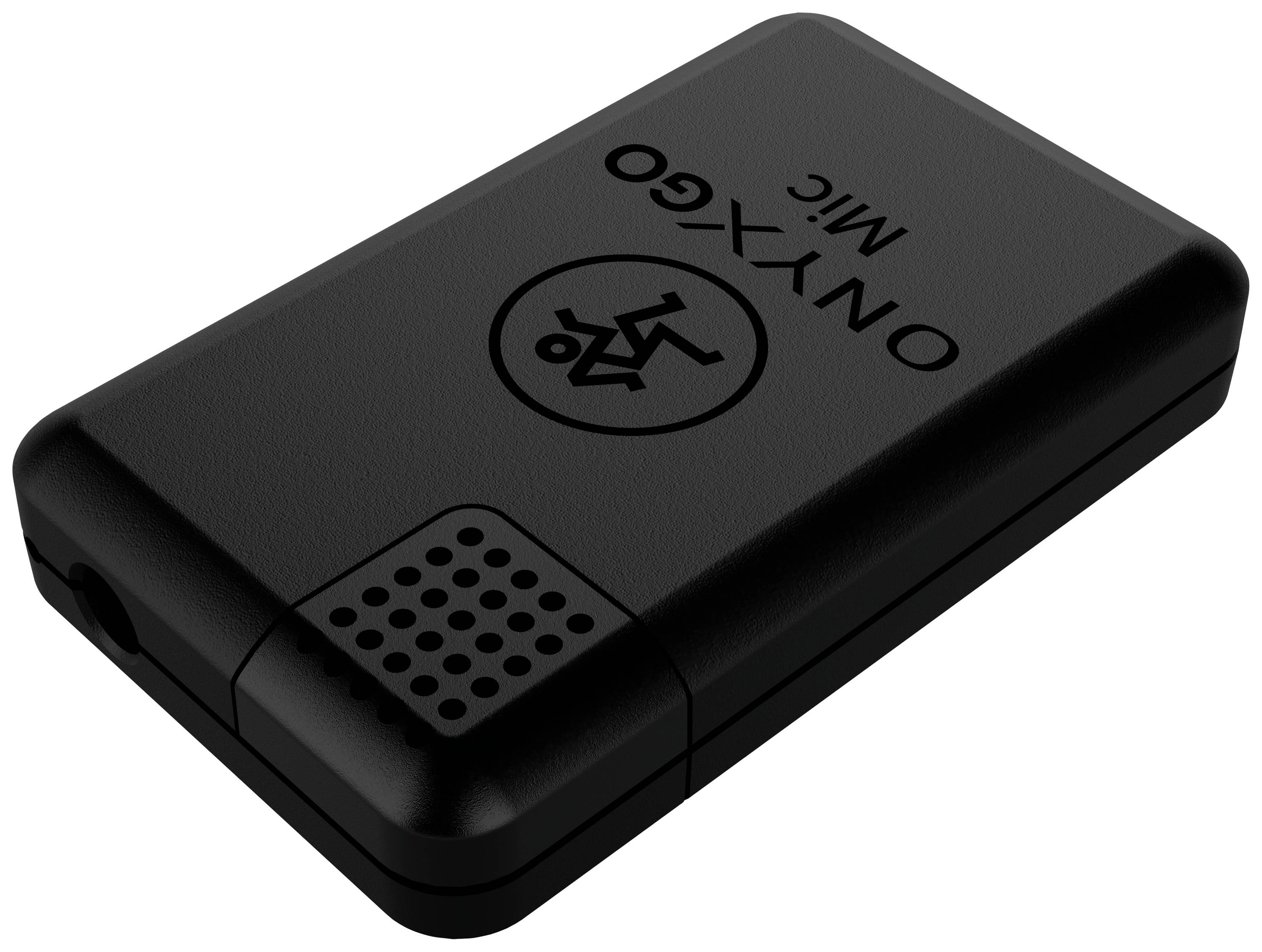 Schwarzes, rechteckiges USB-Gerät mit dem Aufdruck 'ONYXGO MIC' und einem belüfteten Bereich an einem Ende.
