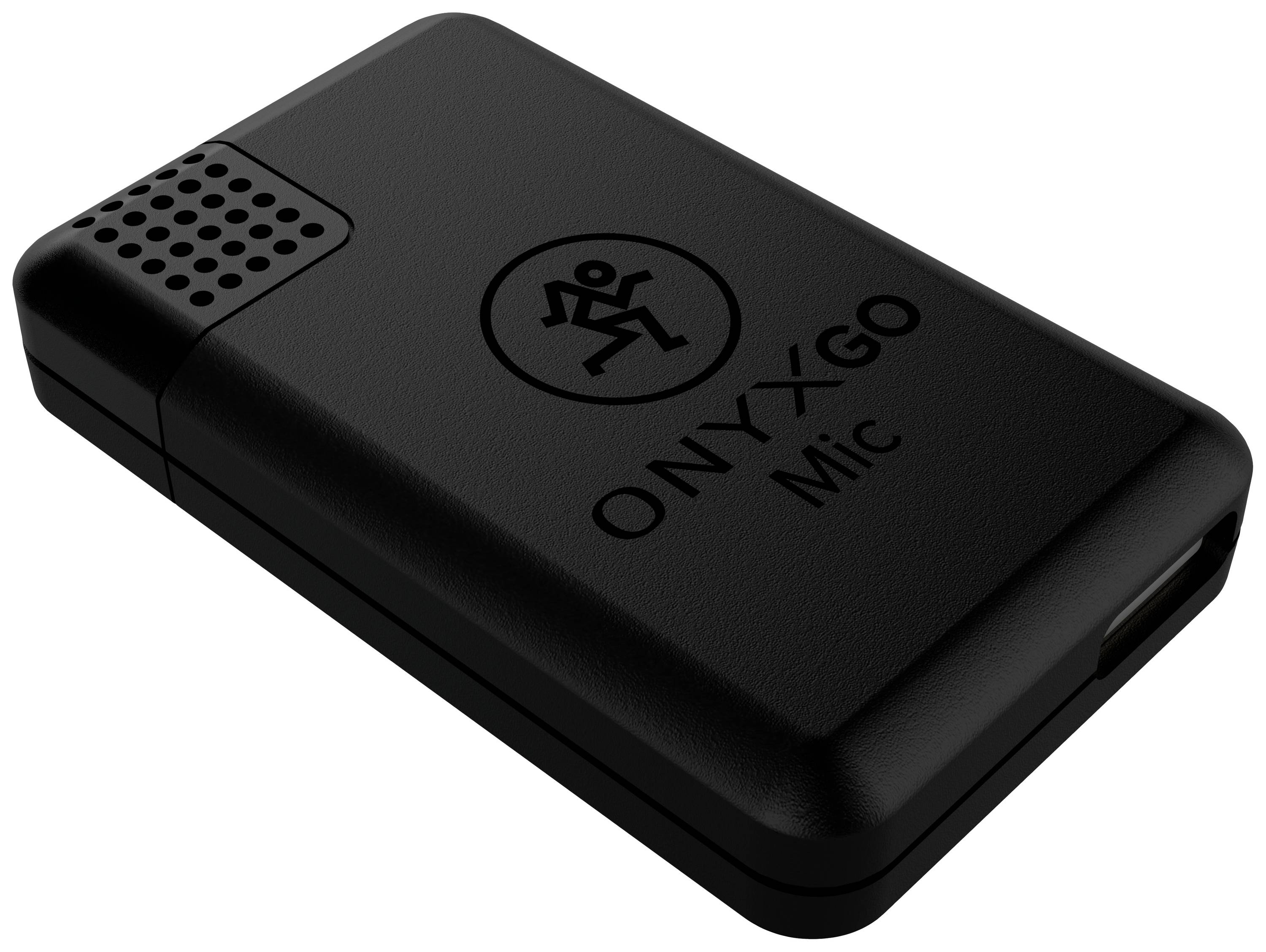 Ein schwarzes, rechteckiges drahtloses Mikrofon mit der Aufschrift 'ONYXGO Mic'. Das Mikrofon hat Lüftungsöffnungen und ein kleines Logo.