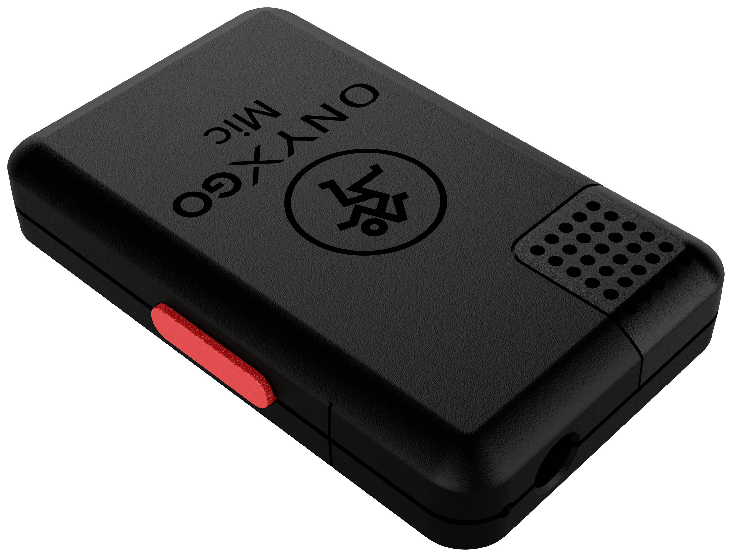 Schwarzes rechteckiges Mikrofongehäuse mit rotem Knopf und 'ONYXGO MIC' Aufschrift.