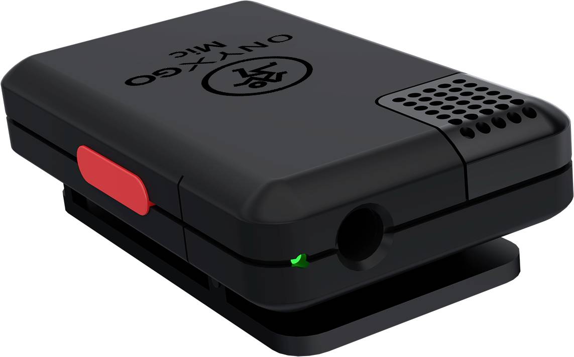 Schwarzes drahtloses Mikrofon mit rotem Schalter und grüner LED-Anzeige. Kompakt und tragbar, geeignet für mobile Aufnahmen.