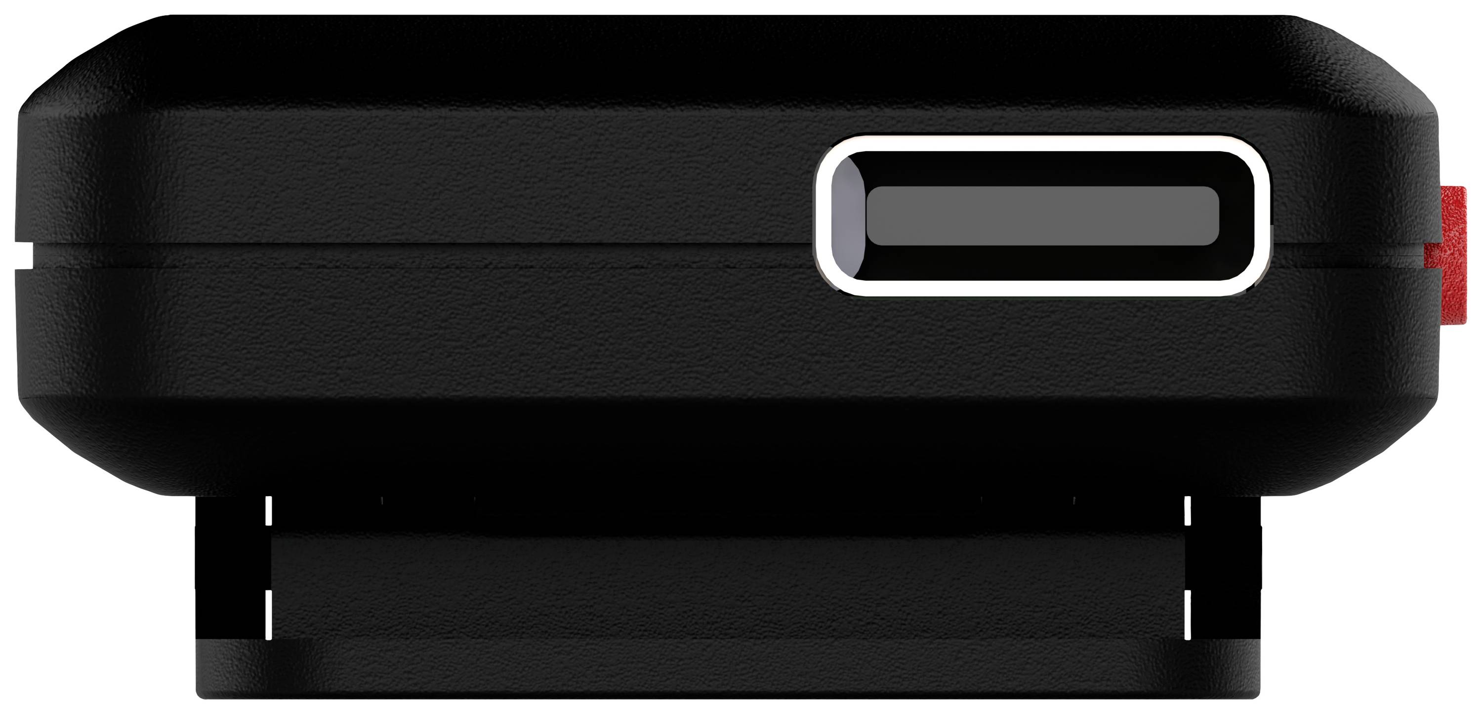 Schwarzes, rechteckiges elektronisches Gerät mit einem schmalen, horizontalen Display und einem roten Knopf an der Seite.