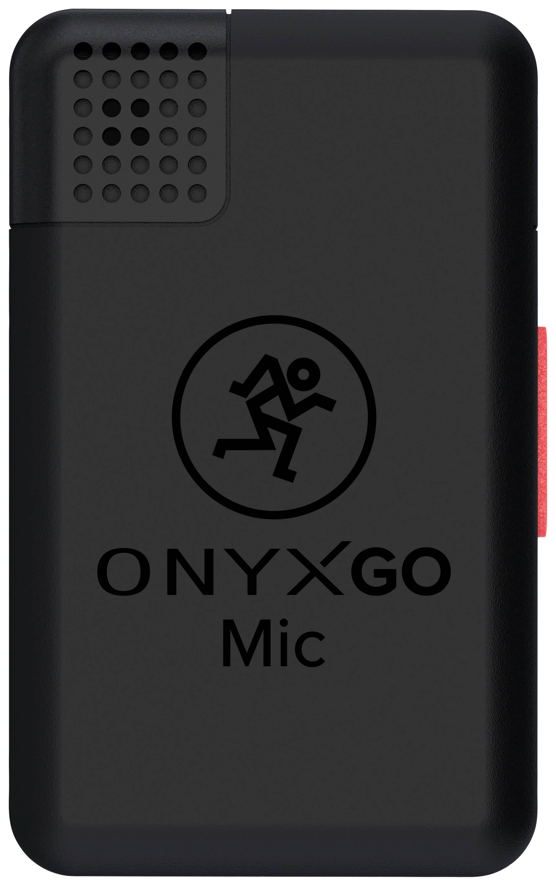 Schwarzes ONYXGO Mic mit Lautsprechergitter oben links, einfache Bedienknöpfe und klare Markenkennzeichnung. Kompakt und tragbar.