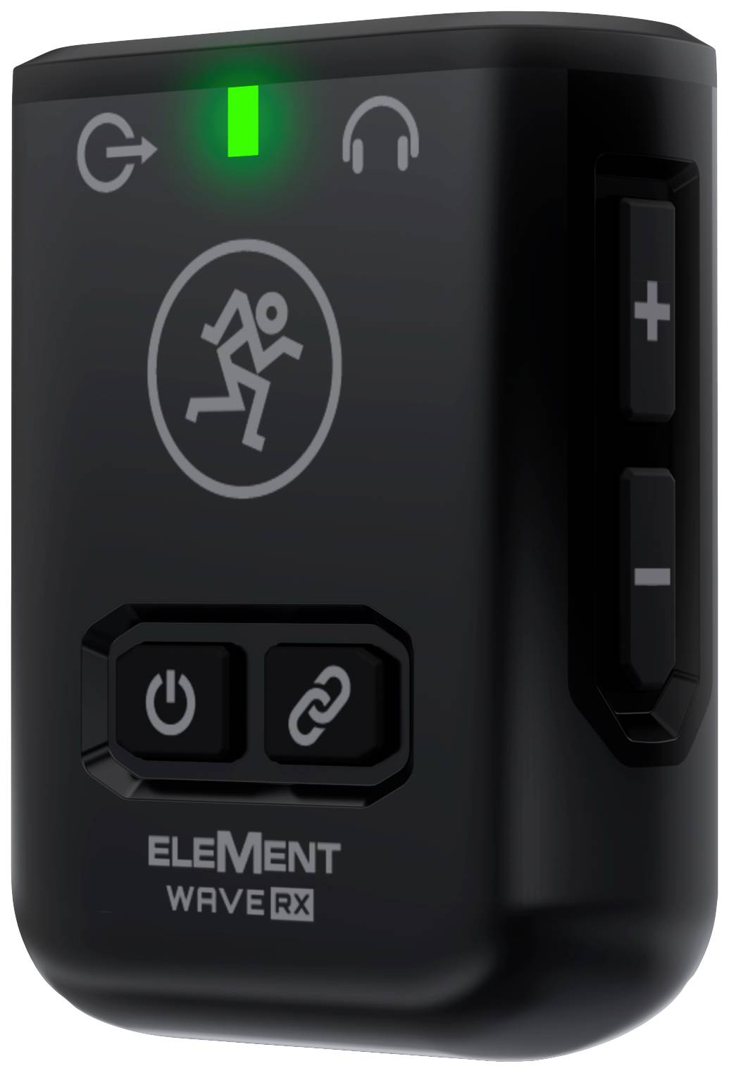 Ein schwarzes elektronisches Gerät mit einem Symbol einer laufenden Person, grünem Licht und Tasten zur Steuerung von Lautstärke und Verbindung.