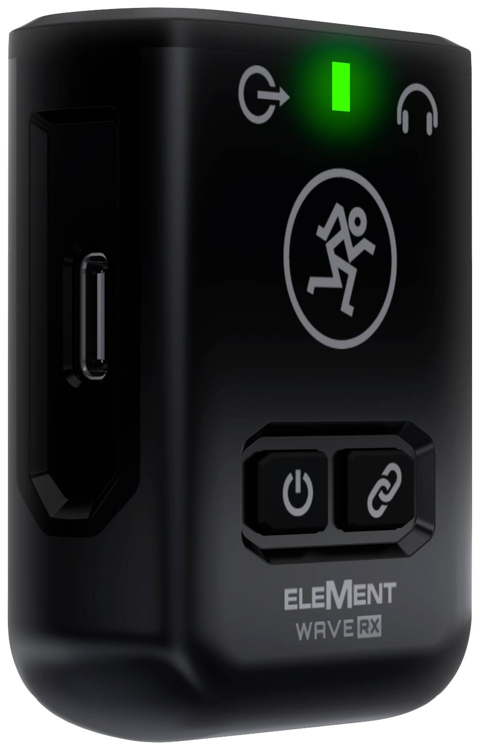 Schwarzes tragbares Audiogerät mit USB-C-Anschluss, grünem LED-Licht und Bedientasten; zeigt Aktivitätssymbol auf der Vorderseite.