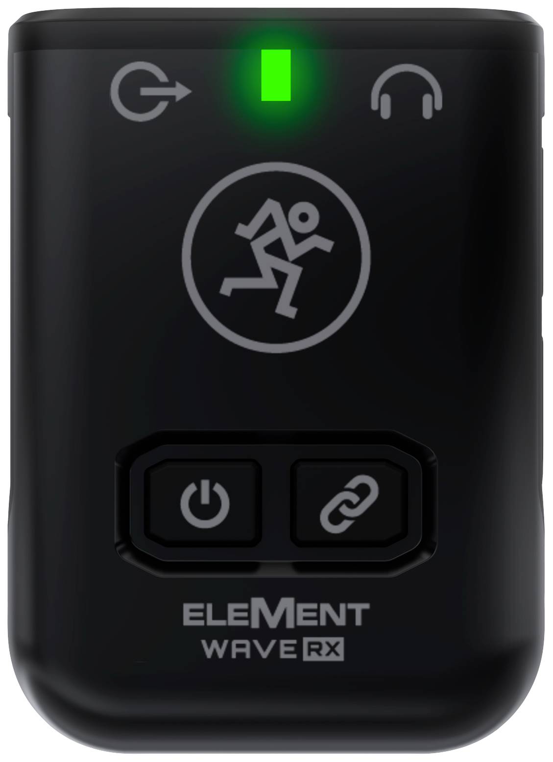 Ein schwarzes elektronisches Gerät mit einem leuchtenden grünen Licht, einem Symbol für Bewegung und Bedientasten darunter.