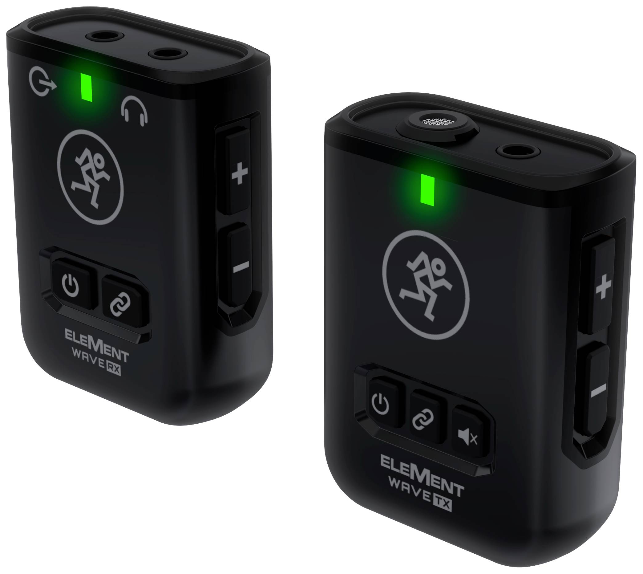 Zwei kompakte, schwarze drahtlose Mikrofon- und Empfangseinheiten mit Bedienelementen und Symbolen für Audiofunktionen und Kopplung.