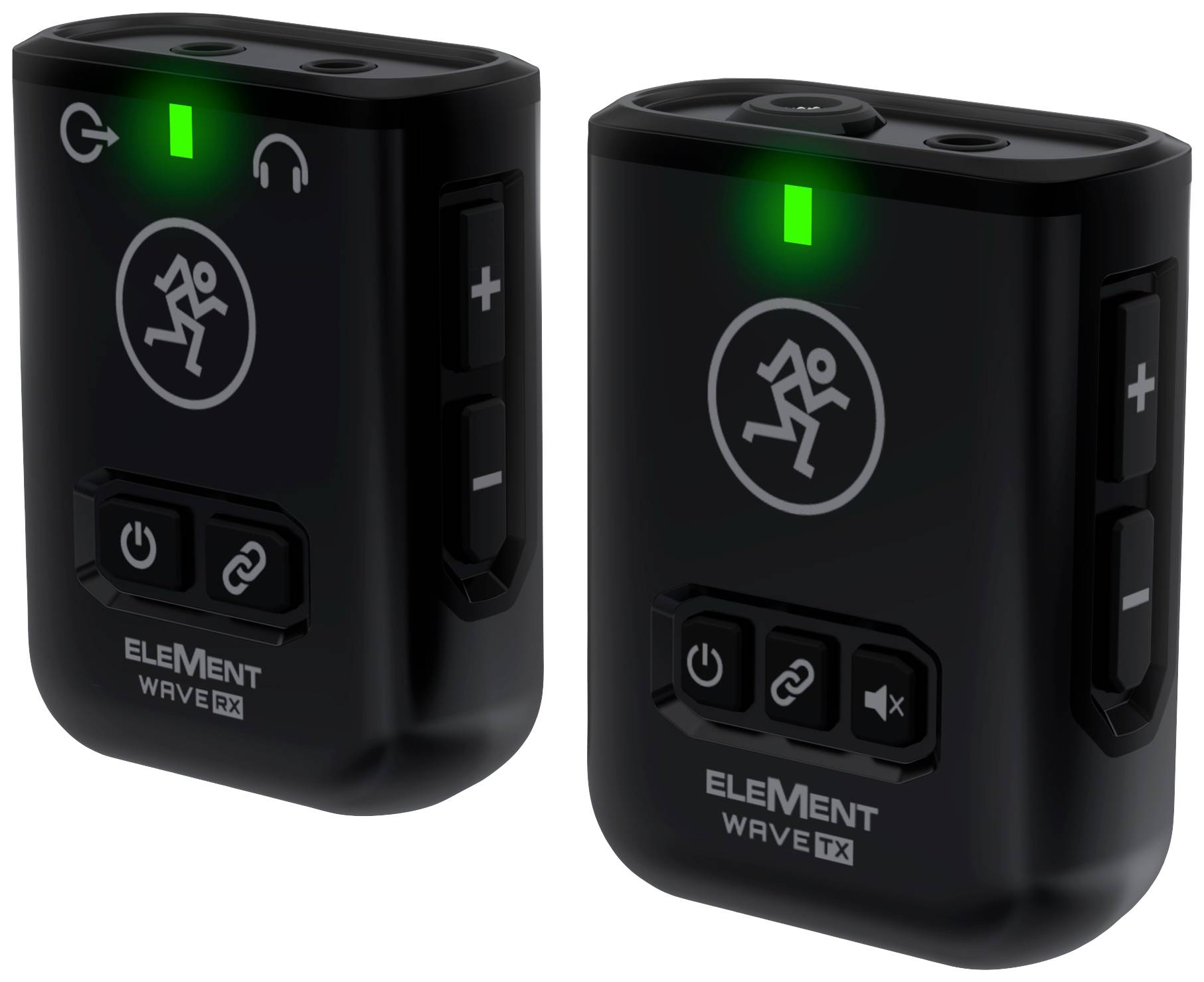 Zwei schwarze elektronische Geräte mit Symbolen für Audio, jeweils mit einem leuchtenden grünen Kontrolllicht und seitlichen Bedienelementen.