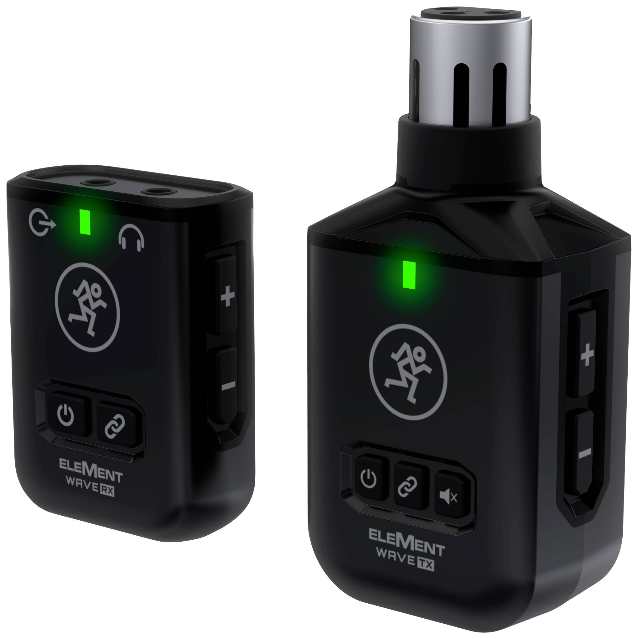 Zwei schwarze elektronische Geräte mit Symbolen und Leuchtanzeige, vermutlich ein Audiosystem. Links: Lautstärke- und Kopfhörer-Symbole, rechts: Ein/Aus-Symbol und grünes Licht.