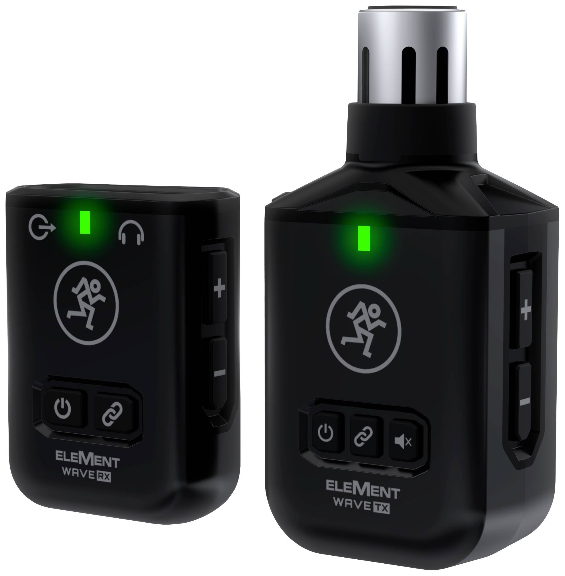 Schwarze kabellose Audio-Sende- und Empfangseinheiten mit LED-Anzeigen und Bedientasten, geeignet für kabellose Mikrofonverbindungen.