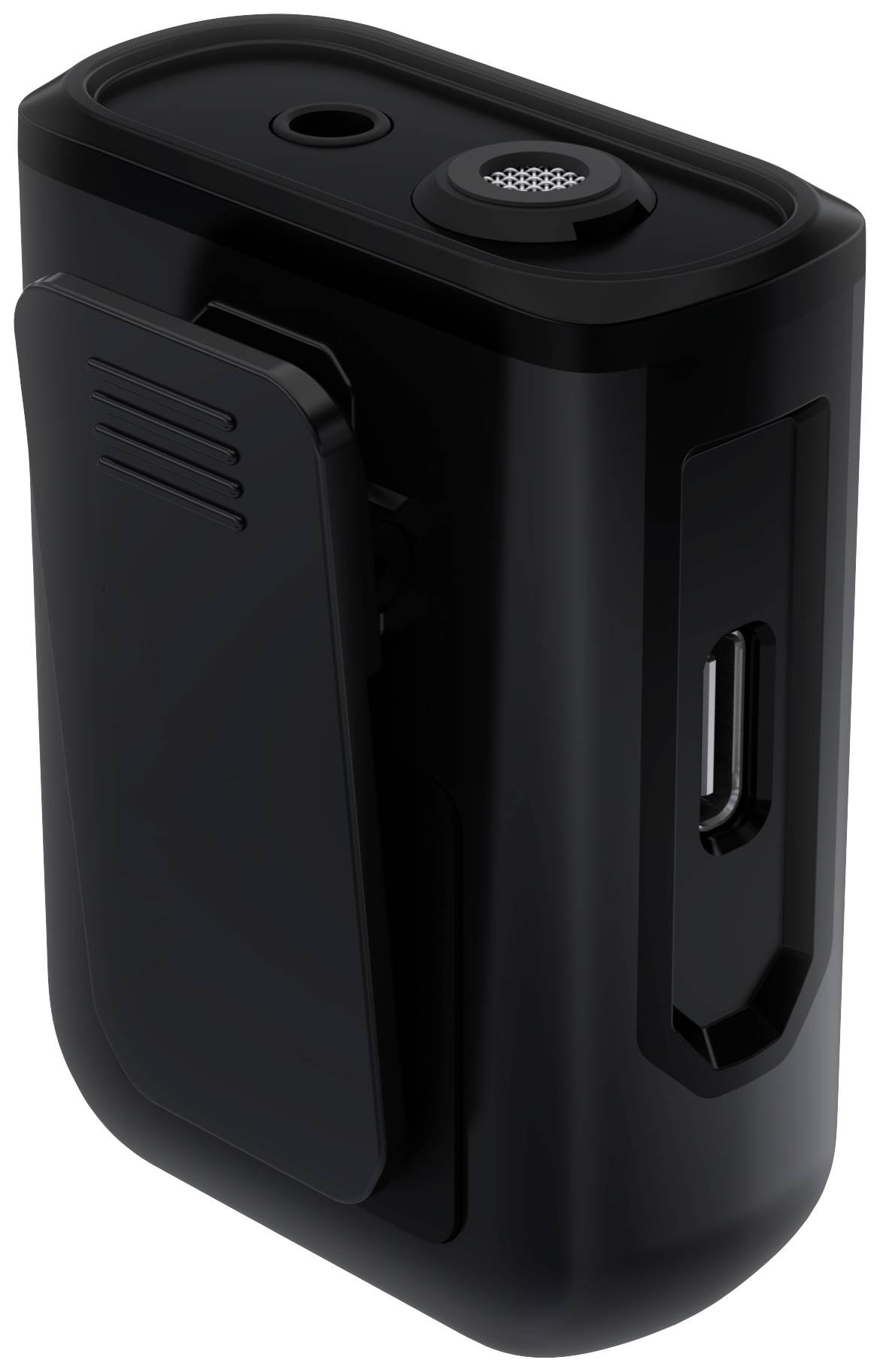 Ein schwarzes, tragbares Audiogerät mit Clip und USB-Anschluss.