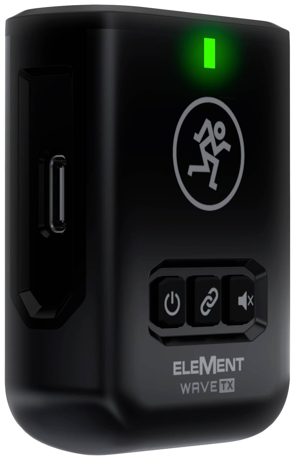 Schwarzes elektronisches Gerät mit Leuchtanzeige und drei Tasten auf der Vorderseite, darunter 'ELEMent WAVE TX' in weißem Text.