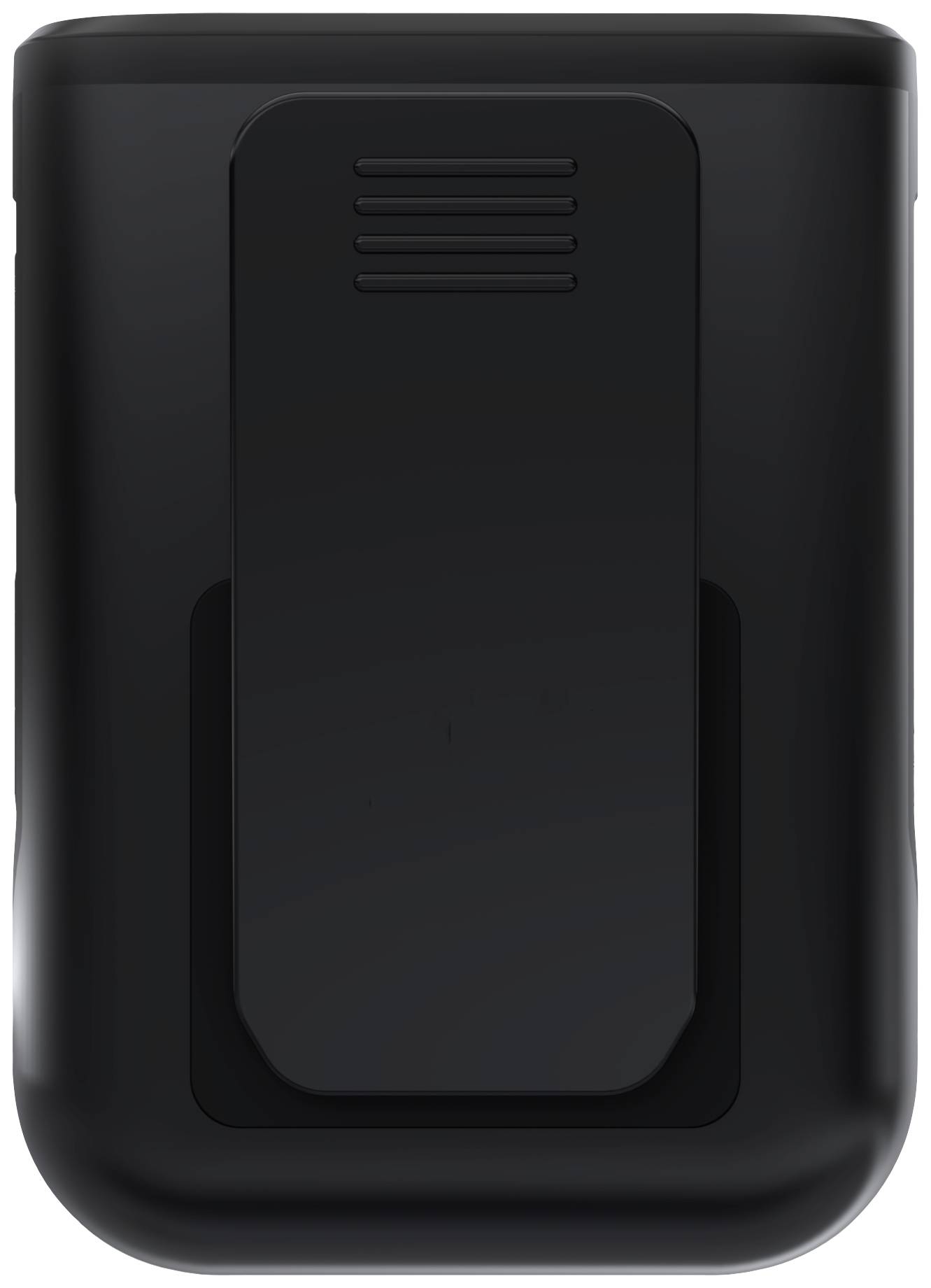 Schwarzes elektronisches Gerät mit Clip auf der Rückseite, möglicherweise ein tragbares Ladegerät oder ein ähnliches Zubehörteil.