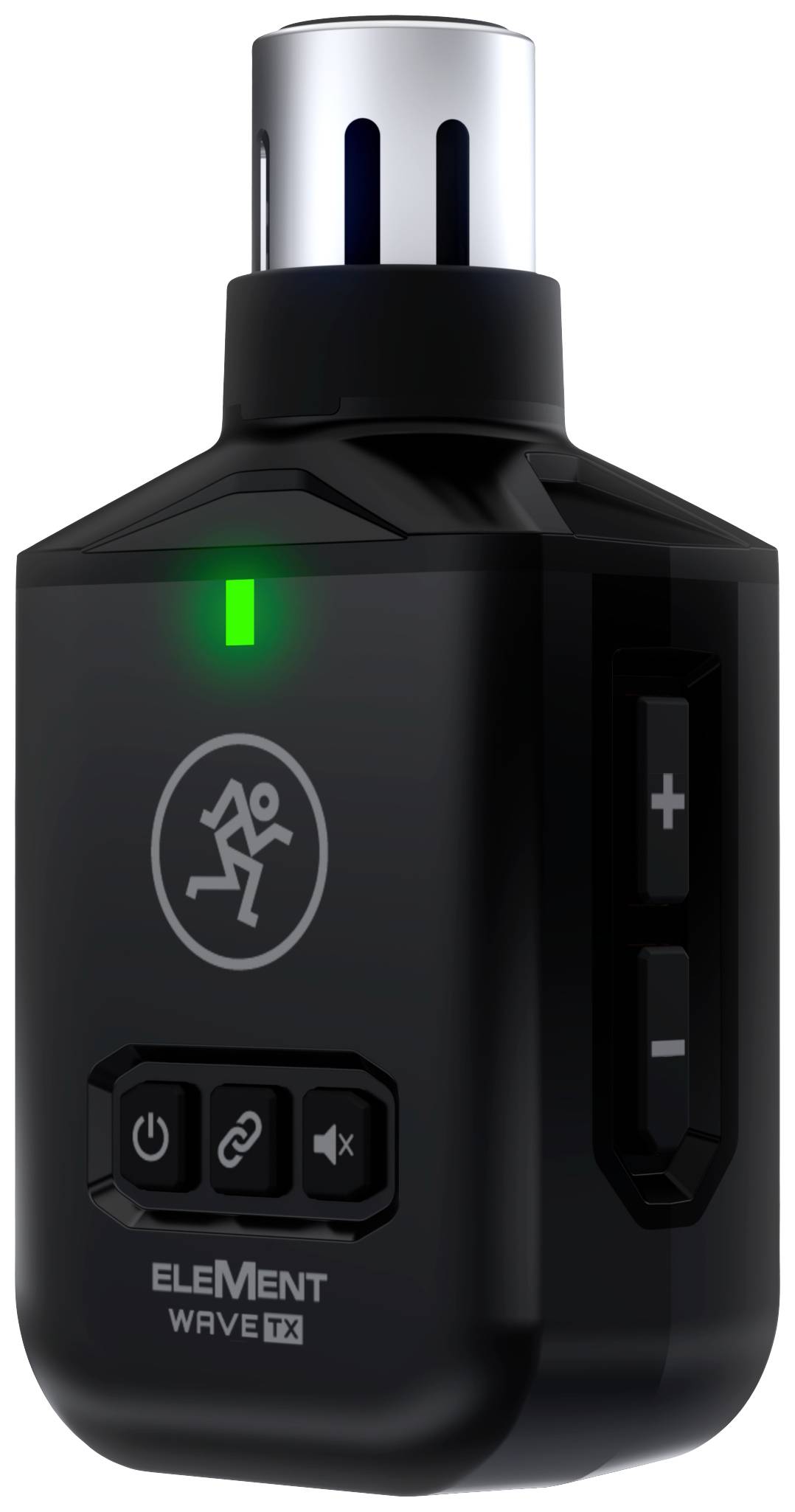 Schwarzes, rechteckiges Gerät mit Tasten, LED-Anzeige und Symbol eines laufenden Menschen. Beschriftung: 'Element Wave TX'.