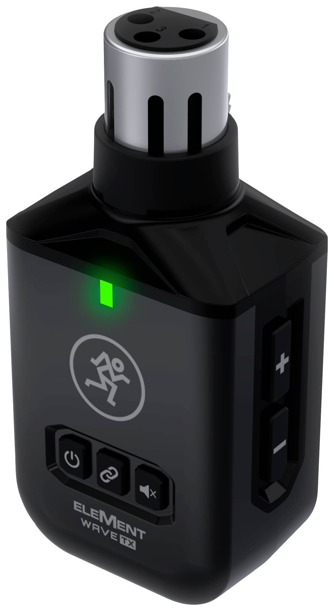 Schwarzes tragbares Mikrofon mit Bedienknöpfen und grünem Leuchtanzeiger. Geeignet für Audioaufnahmen und Podcasts.